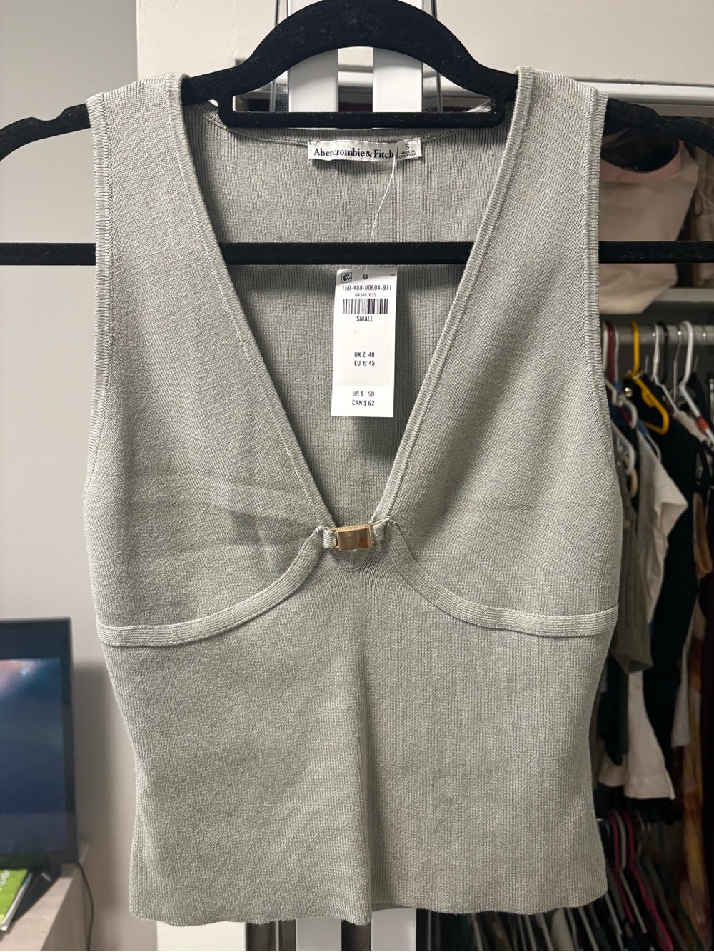 Abercrombie & Fitch Sage Green Knit V-Neck Tank with Gold Clasp